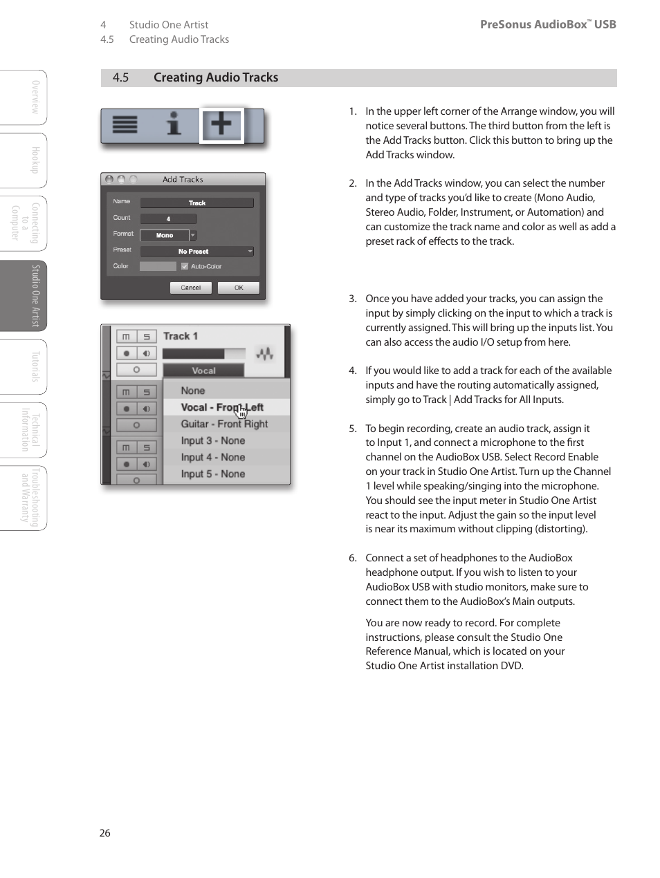 5 creating audio tracks, 5 creating audio tracks — 26 | PreSonus AudioBox USB User Manual | Page 30 / 64