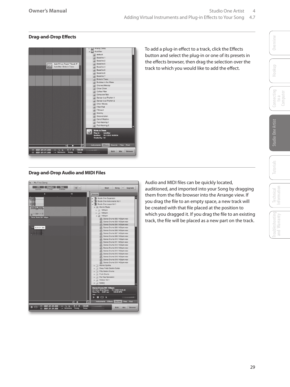 7 adding virtual instruments and plug-in, Effects to your song — 29 | PreSonus AudioBox USB User Manual | Page 33 / 64