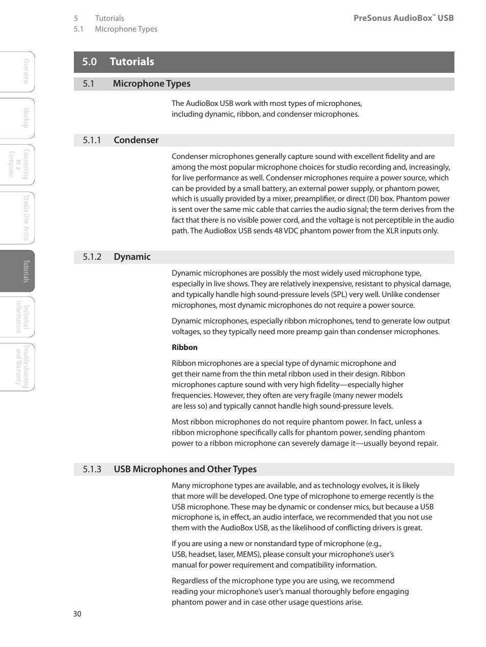 0 tutorials, 1 microphone types, 1 condenser | 2 dynamic, 3 usb microphones and other types, 0 tutorials — 30, 1 microphone types — 30, 1 condenser — 30, 2 dynamic — 30, 3 usb microphones and | PreSonus AudioBox USB User Manual | Page 34 / 64