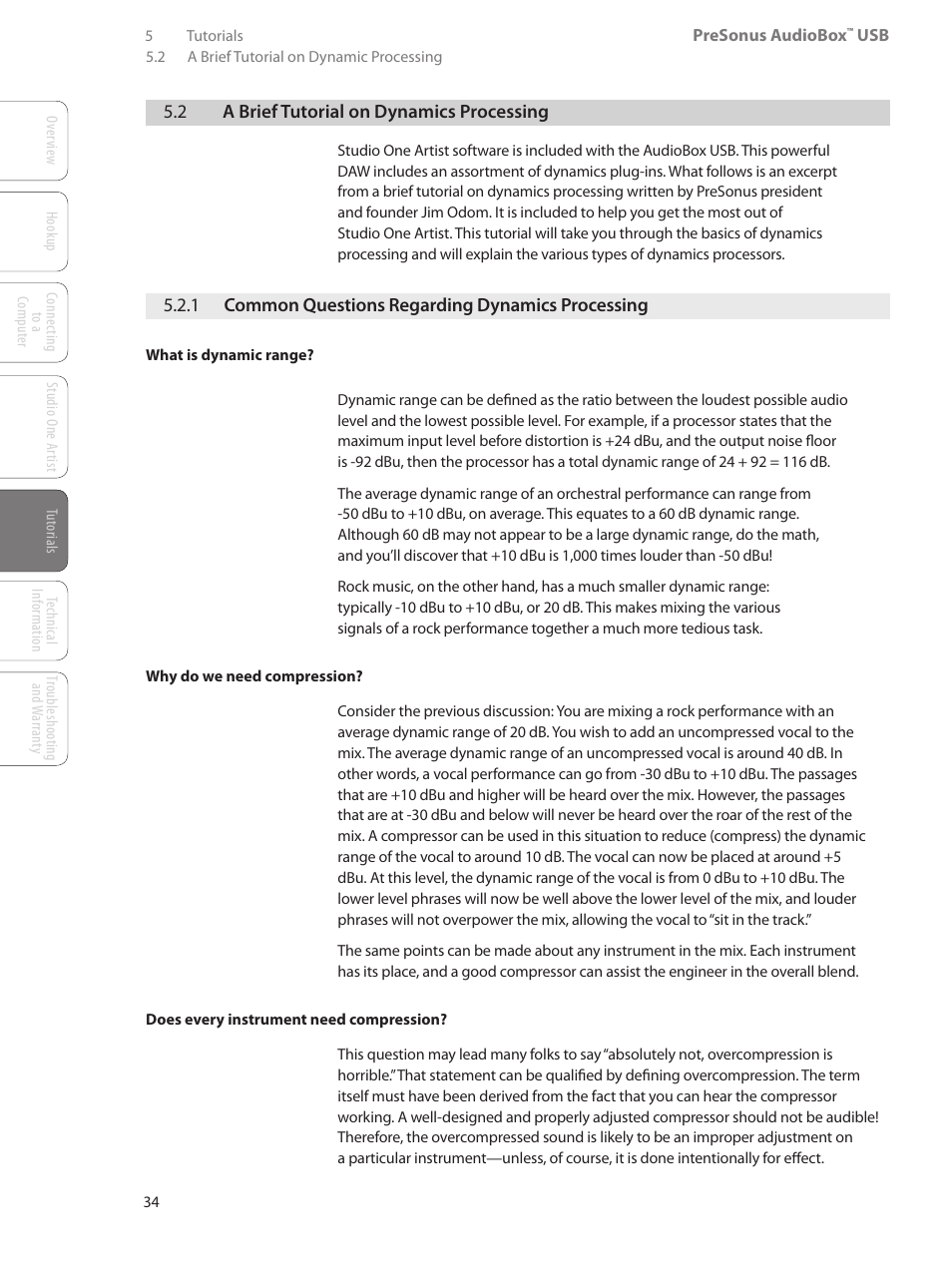 2 a brief tutorial on dynamics processing, 1 common questions regarding dynamics processing, 2 a brief tutorial on dynamics | Processing — 34, 1 common questions regarding, Dynamics processing — 34 | PreSonus AudioBox USB User Manual | Page 38 / 64