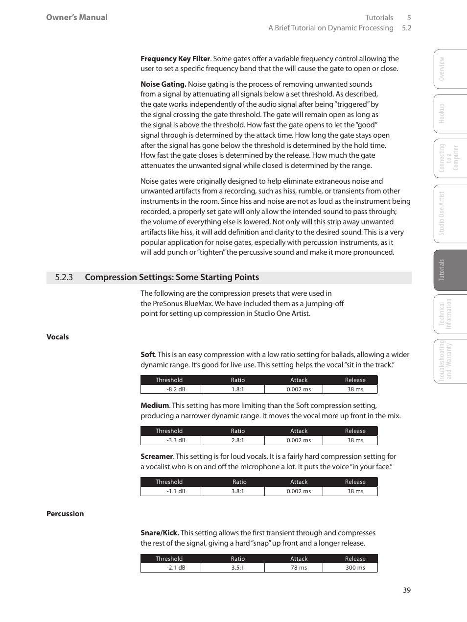 3 compression settings: some starting points, 3 compression settings, Some starting points — 39 | PreSonus AudioBox USB User Manual | Page 43 / 64