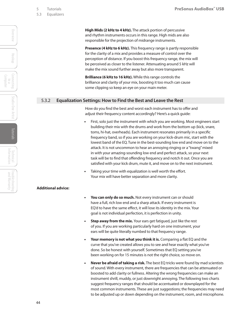 2 equalization settings, How to find the best and leave the rest — 44 | PreSonus AudioBox USB User Manual | Page 48 / 64