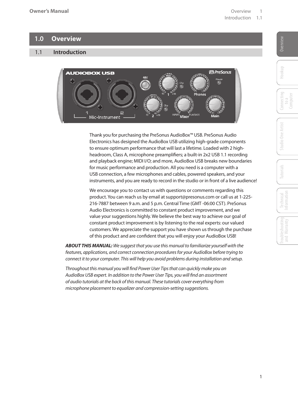 0 overview, 1 introduction, 0 overview — 1 | 1 introduction — 1 | PreSonus AudioBox USB User Manual | Page 5 / 64