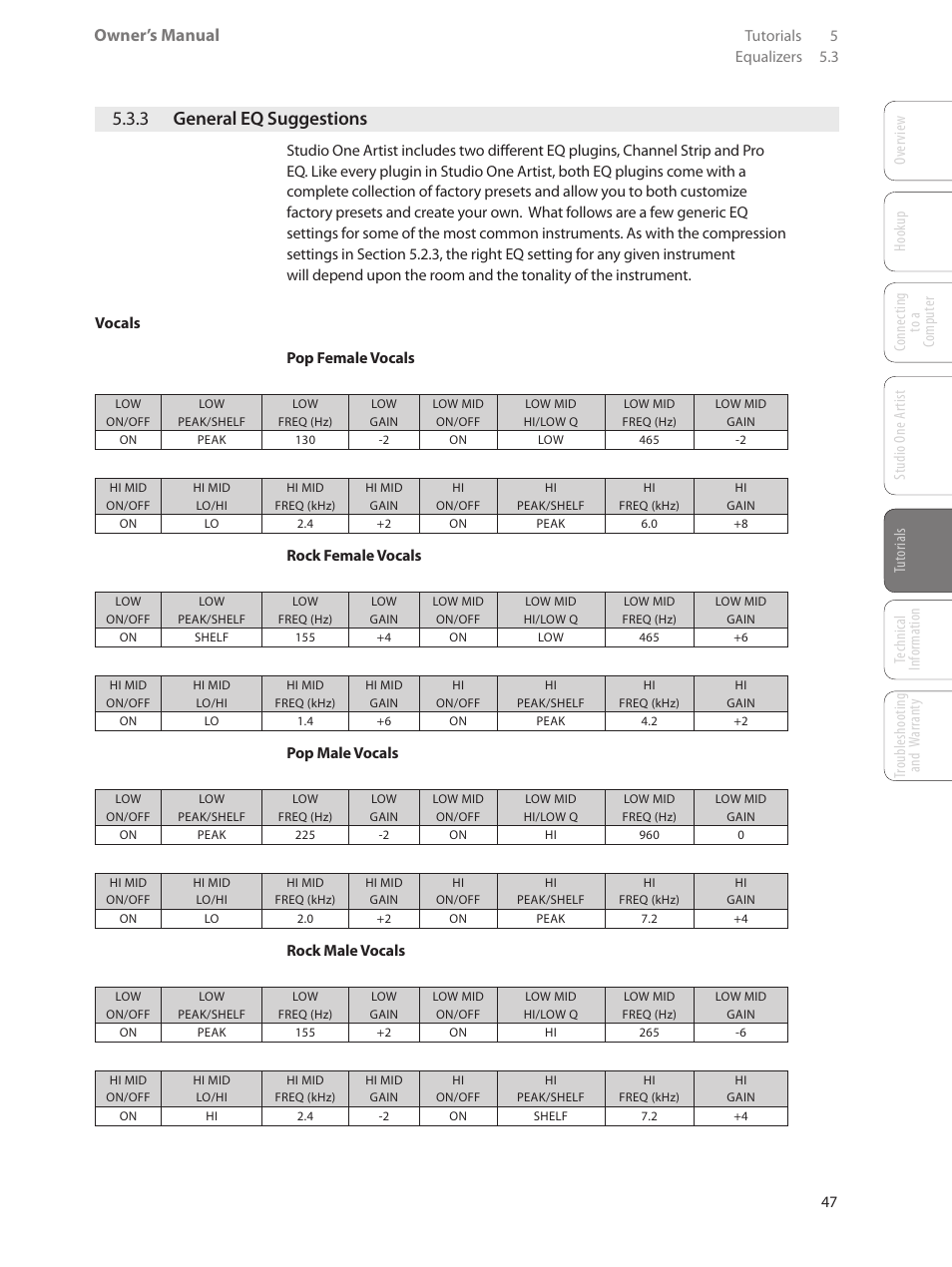3 general eq suggestions, 3 general eq suggestions — 47, Owner’s manual | PreSonus AudioBox USB User Manual | Page 51 / 64
