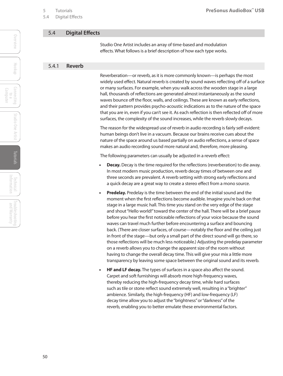 4 digital effects, 1 reverb, 4 digital effects — 50 | 1 reverb — 50 | PreSonus AudioBox USB User Manual | Page 54 / 64