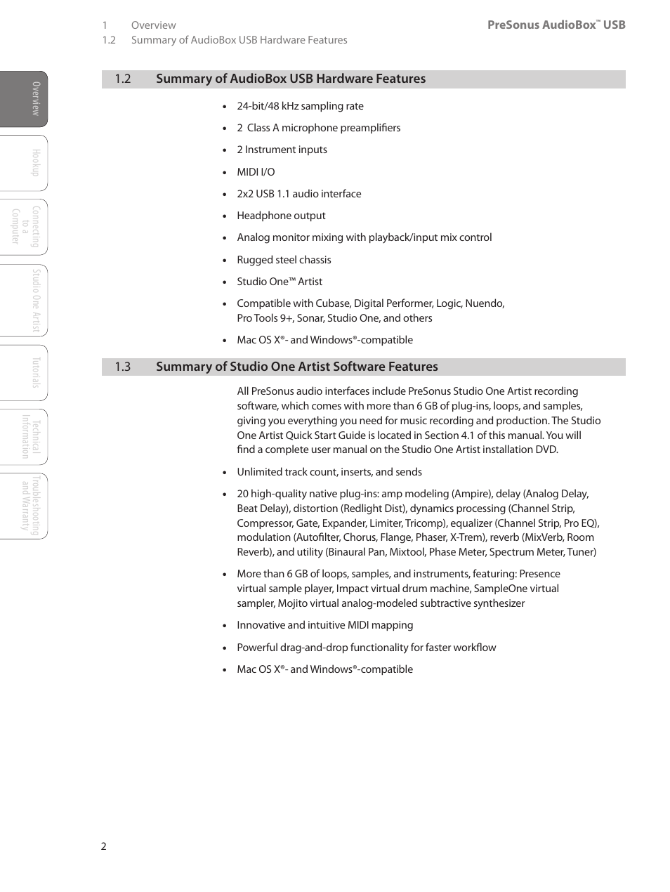 2 summary of audiobox usb hardware features, 3 summary of studio one artist software features, 2 summary of audiobox usb | Hardware features — 2, 3 summary of studio one artist, Software features — 2 | PreSonus AudioBox USB User Manual | Page 6 / 64
