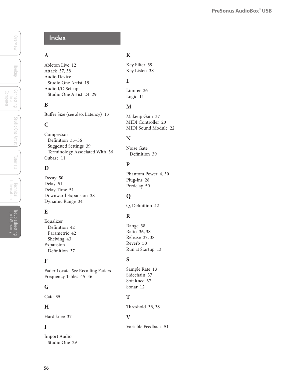 Index, Index — 56 | PreSonus AudioBox USB User Manual | Page 60 / 64