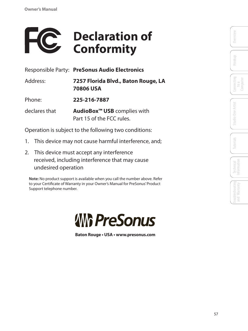 Declaration of conformity | PreSonus AudioBox USB User Manual | Page 61 / 64