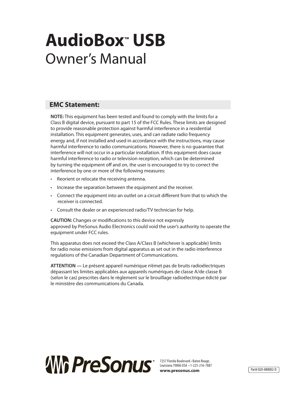 Audiobox, Owner’s manual | PreSonus AudioBox USB User Manual | Page 64 / 64