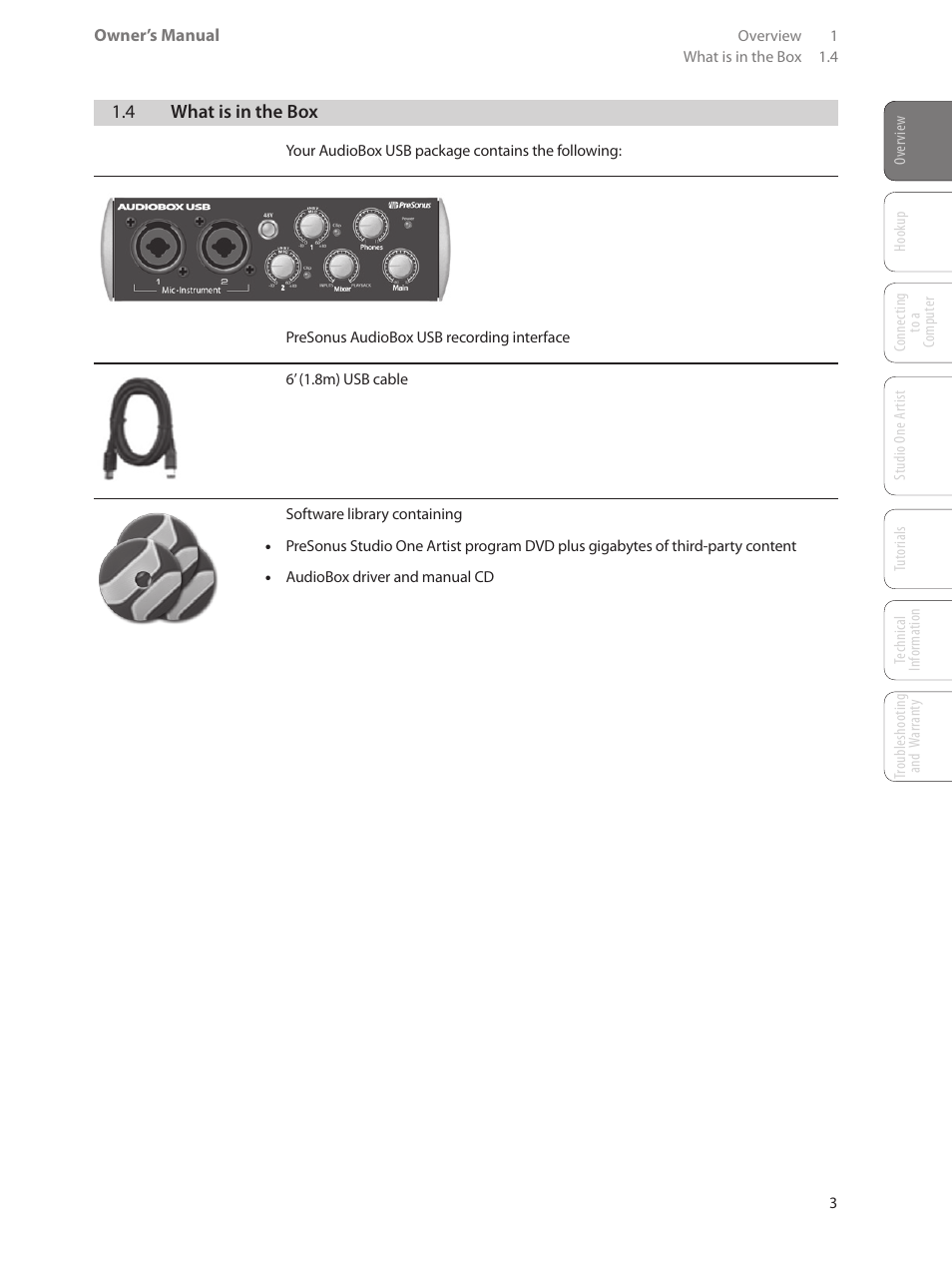 4 what is in the box, 4 what is in the box — 3 | PreSonus AudioBox USB User Manual | Page 7 / 64