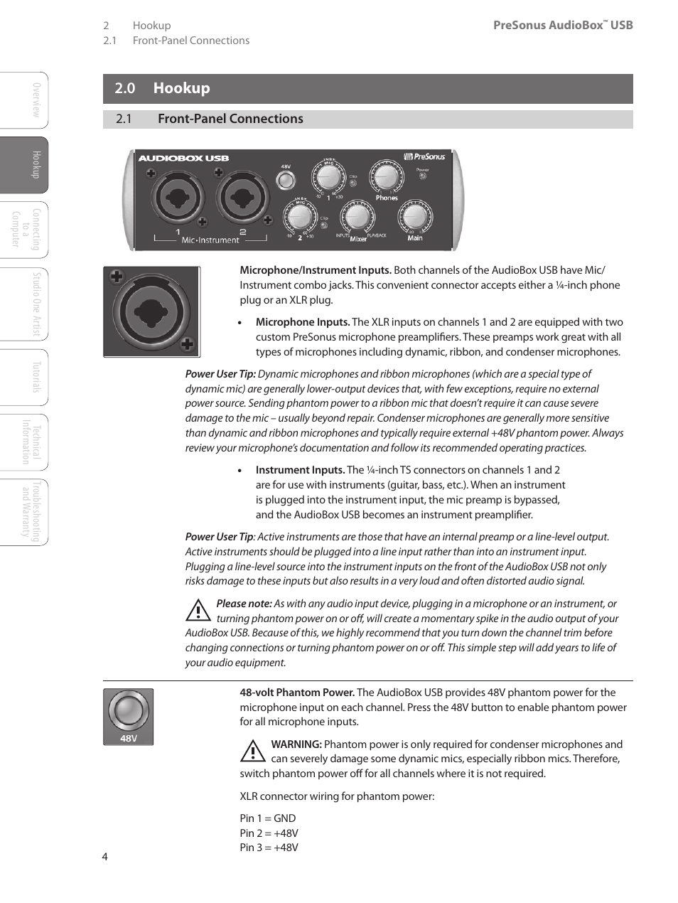 0 hookup, 1 front-panel connections, 0 hookup — 4 | 1 front-panel connections — 4 | PreSonus AudioBox USB User Manual | Page 8 / 64