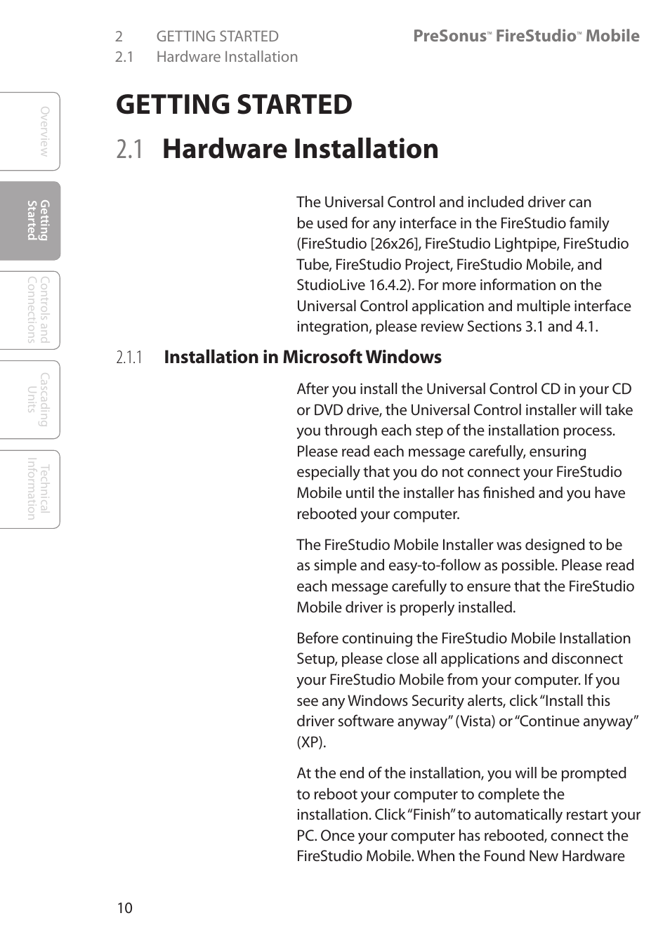 Getting started, 1 hardware installation, 1 installation in microsoft windows | Getting started 10, 1 hardware installation 10, 1 installation in microsoft, Windows 10, Getting started 2.1 hardware installation | PreSonus FireStudio Mobile User Manual | Page 10 / 68