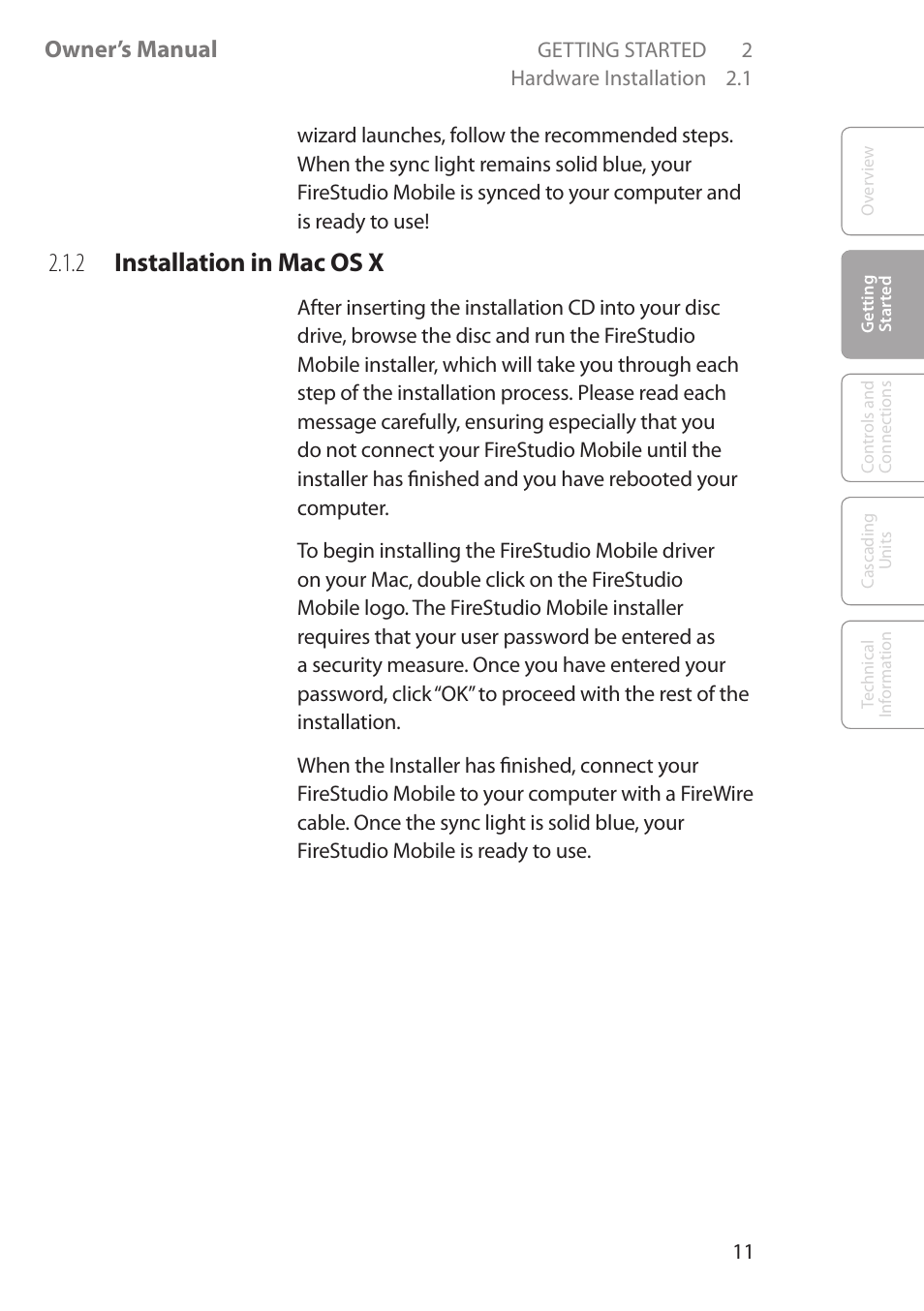 2 installation in mac os x, 2 installation in mac os x 11, Owner’s manual | PreSonus FireStudio Mobile User Manual | Page 11 / 68