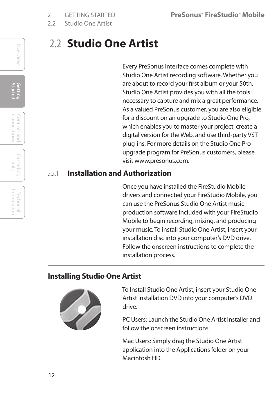 2 studio one artist installation, 1 installation and authorization, 2 studio one artist 12 | 1 installation and, Authorization, 2 studio one artist, Installing studio one artist | PreSonus FireStudio Mobile User Manual | Page 12 / 68