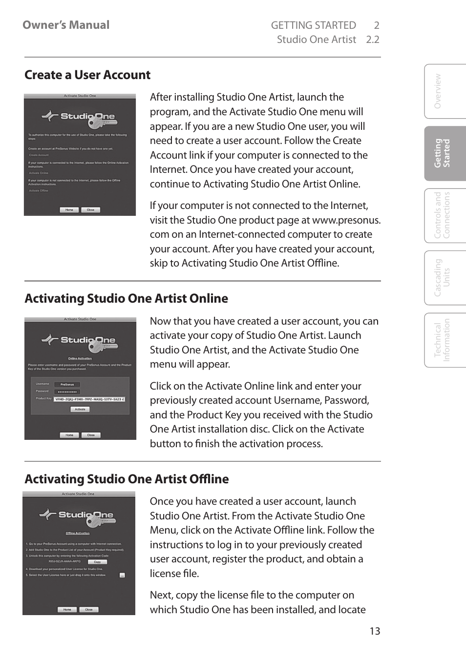 Create a user account, Activating studio one artist online, Activating studio one artist offline | Owner’s manual | PreSonus FireStudio Mobile User Manual | Page 13 / 68