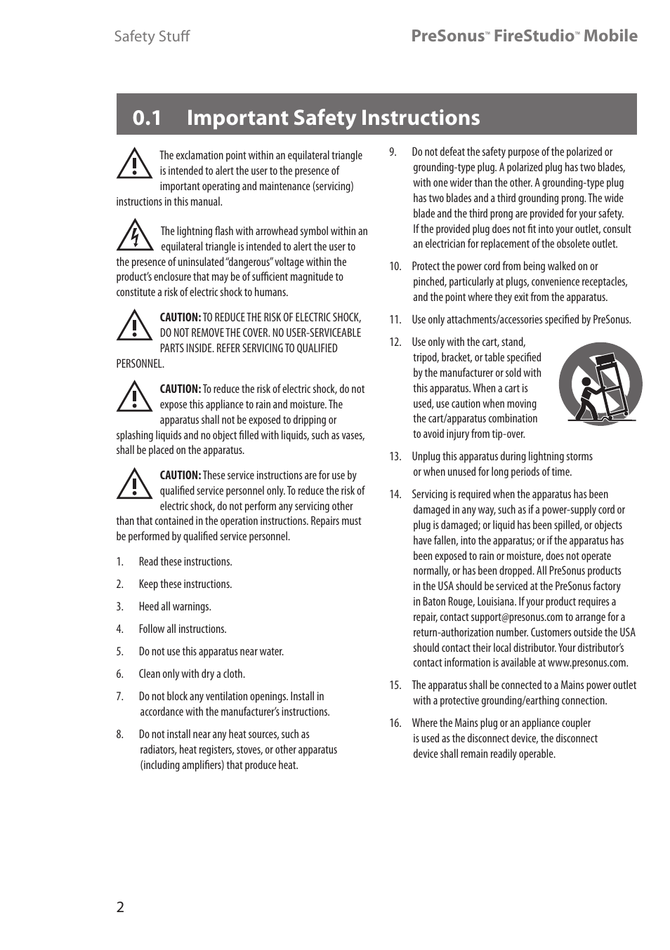 1 important safety instructions, Presonus, Firestudio | Mobile | PreSonus FireStudio Mobile User Manual | Page 2 / 68