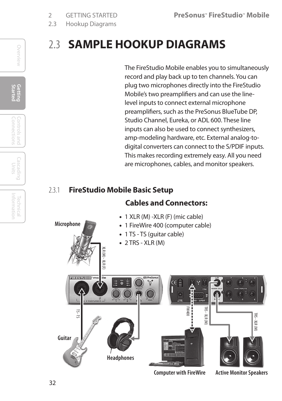 3 sample hookup diagrams, 1 firestudio mobile basic set-up, 3 sample hookup diagrams 32 | 1 firestudio mobile, Basic setup 32, Presonus, Firestudio, Mobile | PreSonus FireStudio Mobile User Manual | Page 32 / 68