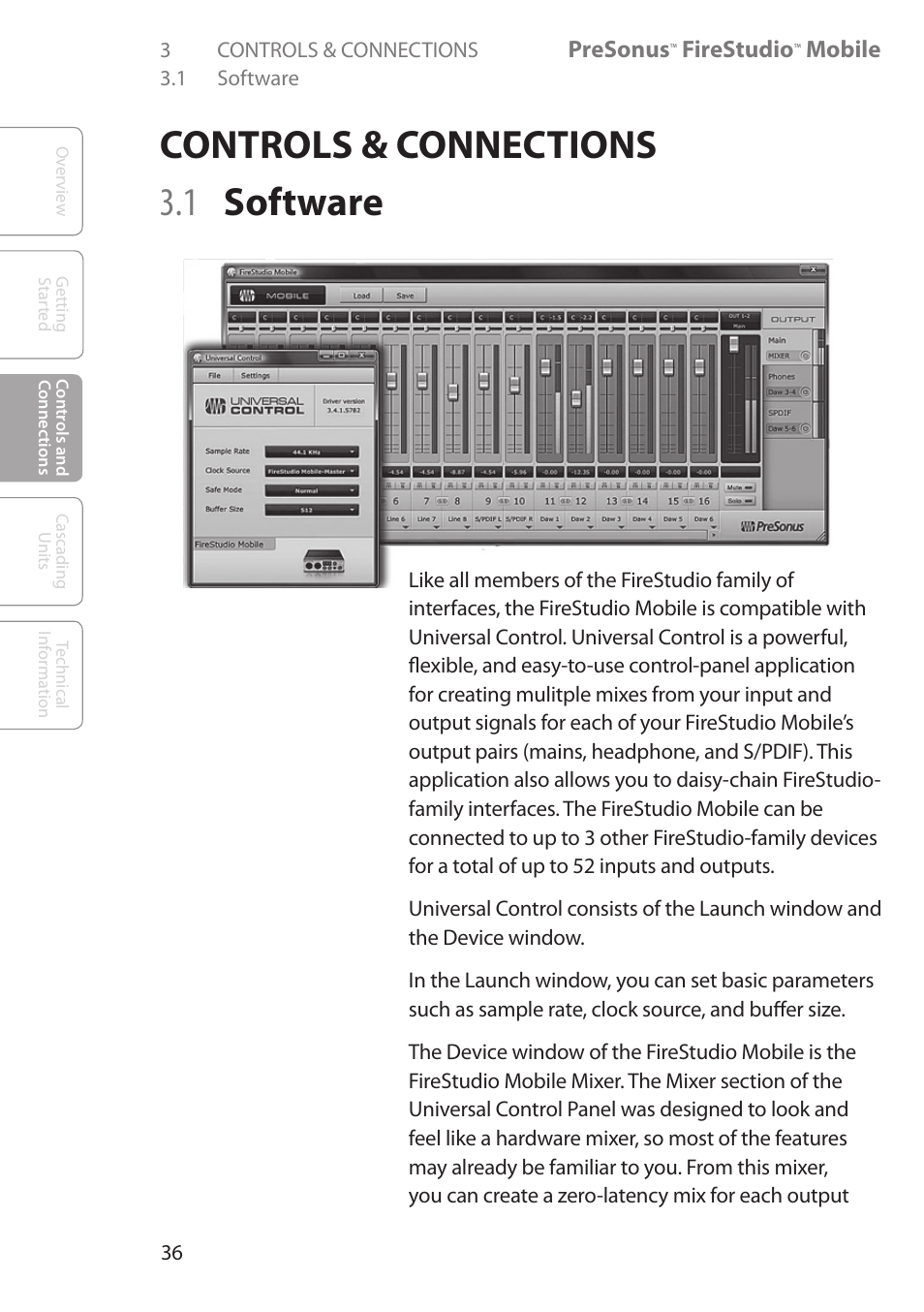 Controls & connections, 1 software, Controls & connections 36 | 1 software 36, Controls & connections 3.1 software | PreSonus FireStudio Mobile User Manual | Page 36 / 68