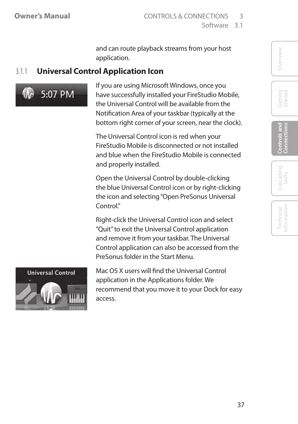 1 universal control application icon, 1 universal control, Application icon 37 | Owner’s manual | PreSonus FireStudio Mobile User Manual | Page 37 / 68