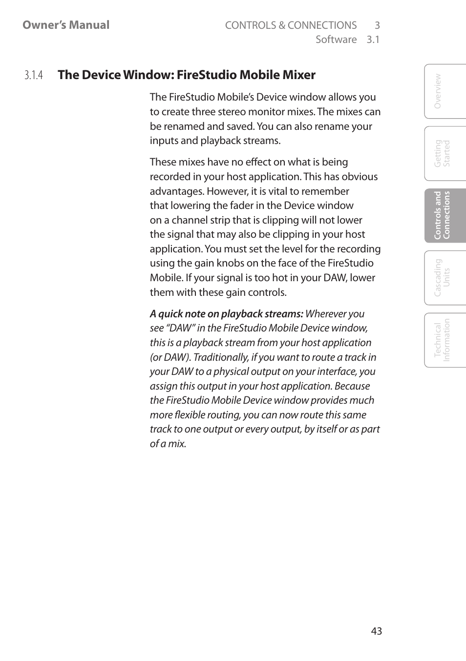 4 the device window: firestudio mobile mixer, 4 the device window, Firestudio mobile | Mixer 43, Owner’s manual | PreSonus FireStudio Mobile User Manual | Page 43 / 68