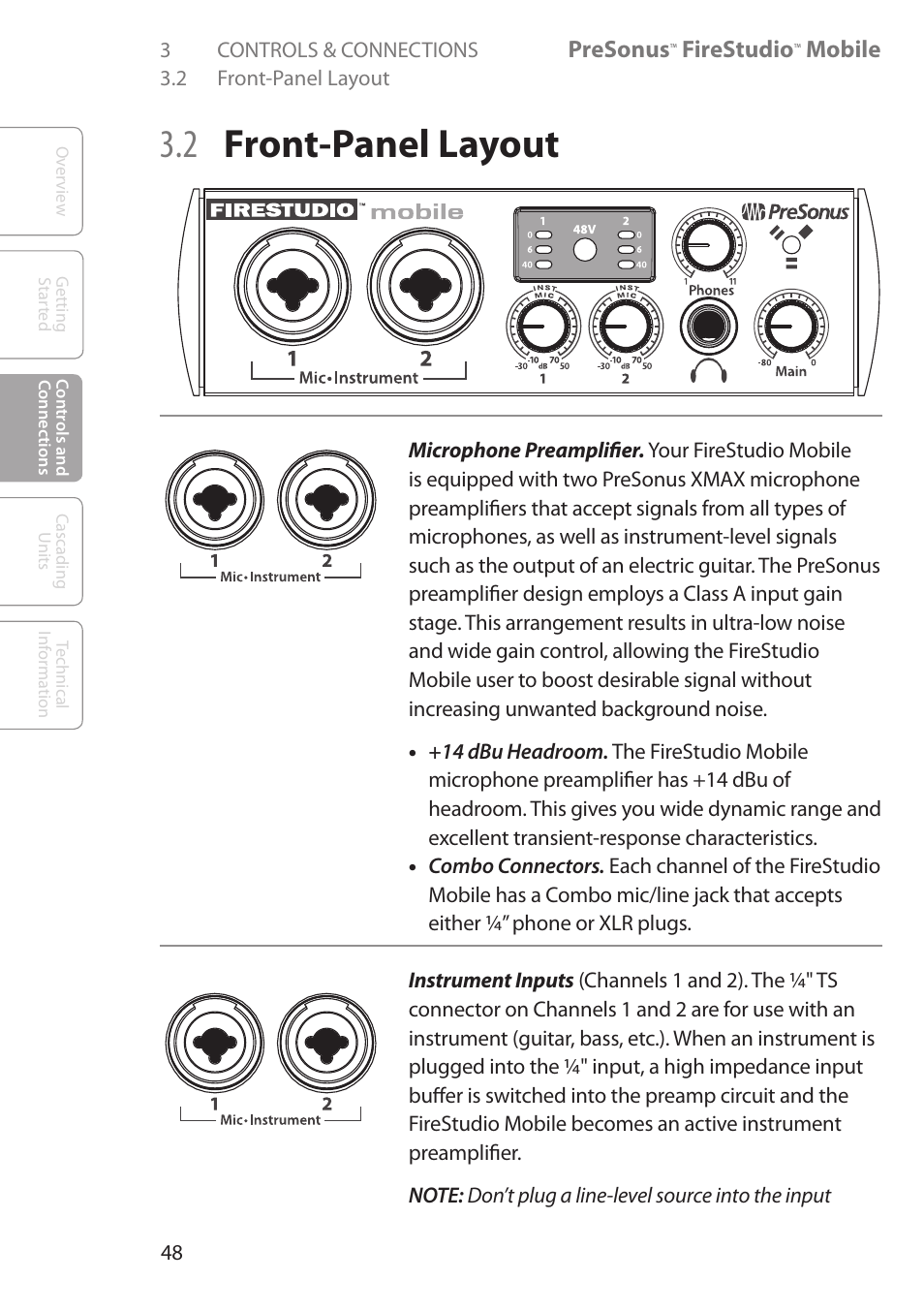 2 front-panel layout, 2 front-panel layout 48 | PreSonus FireStudio Mobile User Manual | Page 48 / 68