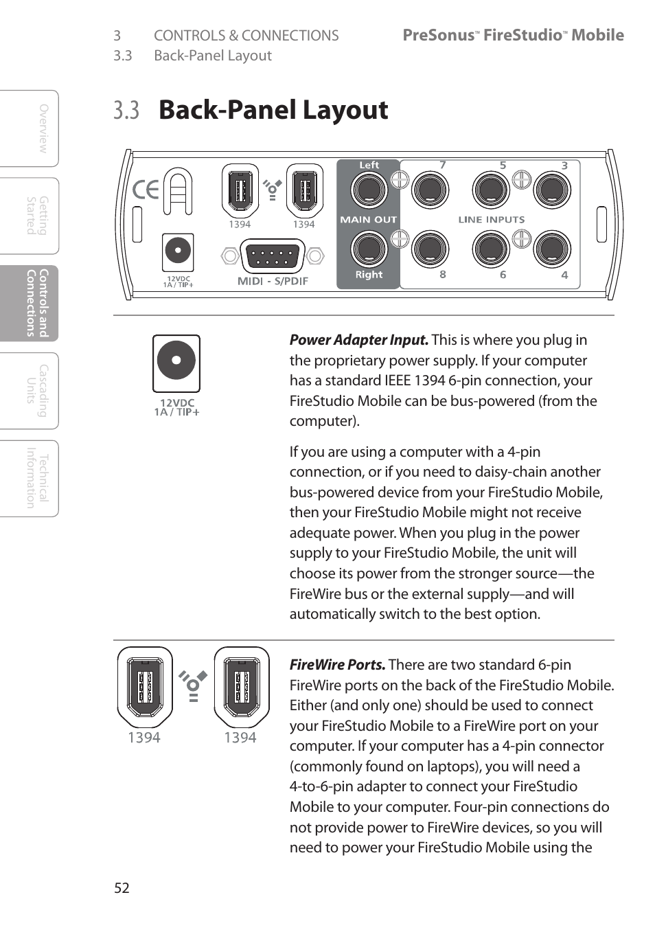 3 back panel layout, 3 back-panel layout 52, 3 back-panel layout | Presonus, Firestudio, Mobile | PreSonus FireStudio Mobile User Manual | Page 52 / 68