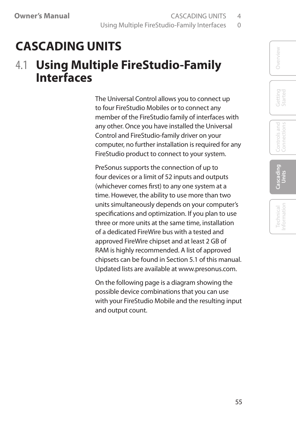 Cascading units, 1 using multiple firestudio ­family ­interfaces, Cascading units 55 | 1 using multiple firestudio- family, Interfaces 55 | PreSonus FireStudio Mobile User Manual | Page 55 / 68