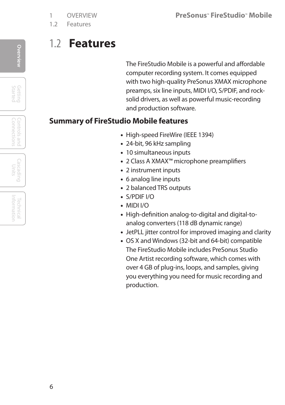 2 features, 2 features 6, Summary of firestudio mobile features | PreSonus FireStudio Mobile User Manual | Page 6 / 68