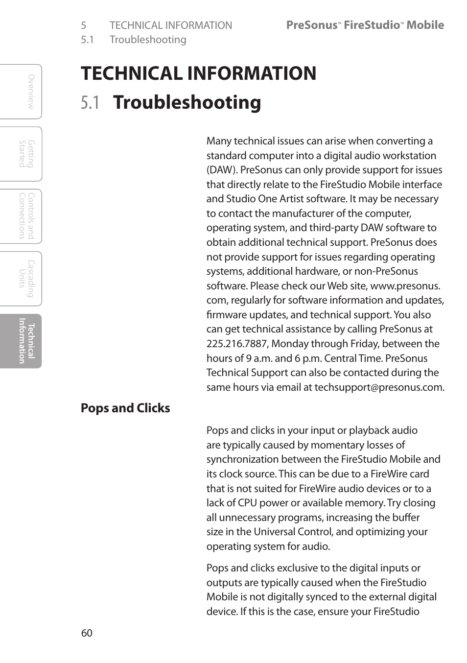 Technical information, 1 troubleshooting, Technical information 60 | 1 troubleshooting 60, Pops and clicks | PreSonus FireStudio Mobile User Manual | Page 60 / 68