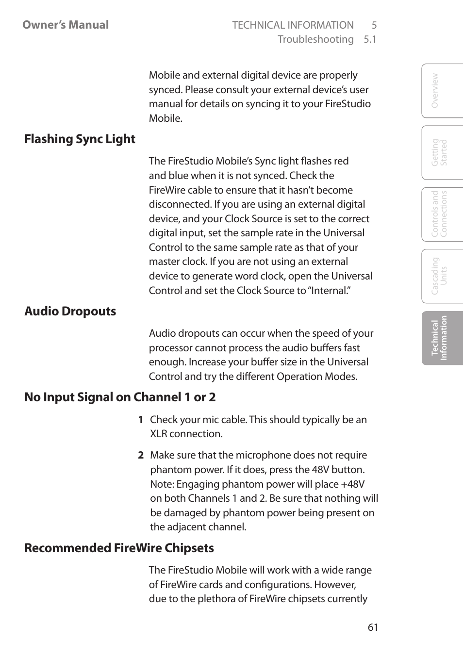 Flashing sync light, Audio dropouts, No input signal on channel 1 or 2 | Recommended firewire chipsets | PreSonus FireStudio Mobile User Manual | Page 61 / 68