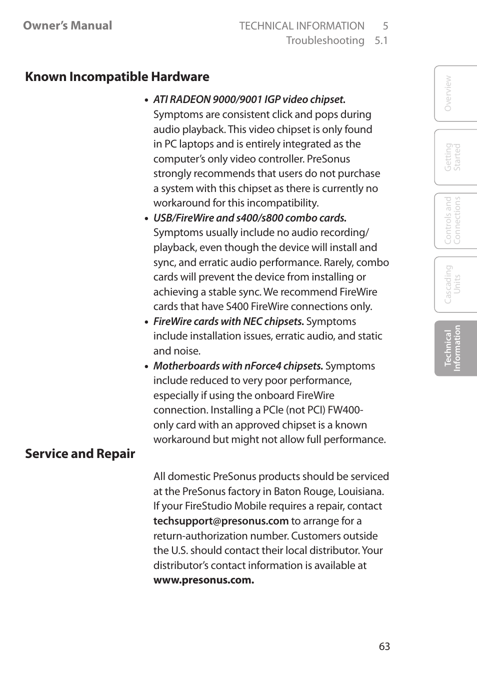 Known incompatible hardware, Service and repair, Owner’s manual | PreSonus FireStudio Mobile User Manual | Page 63 / 68