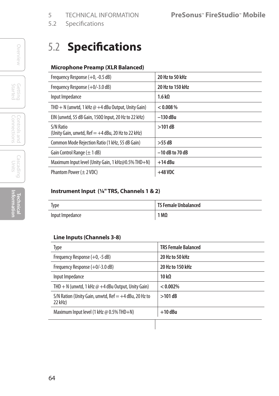 2 specifications, 2 specifications 64, Presonus | Firestudio, Mobile | PreSonus FireStudio Mobile User Manual | Page 64 / 68