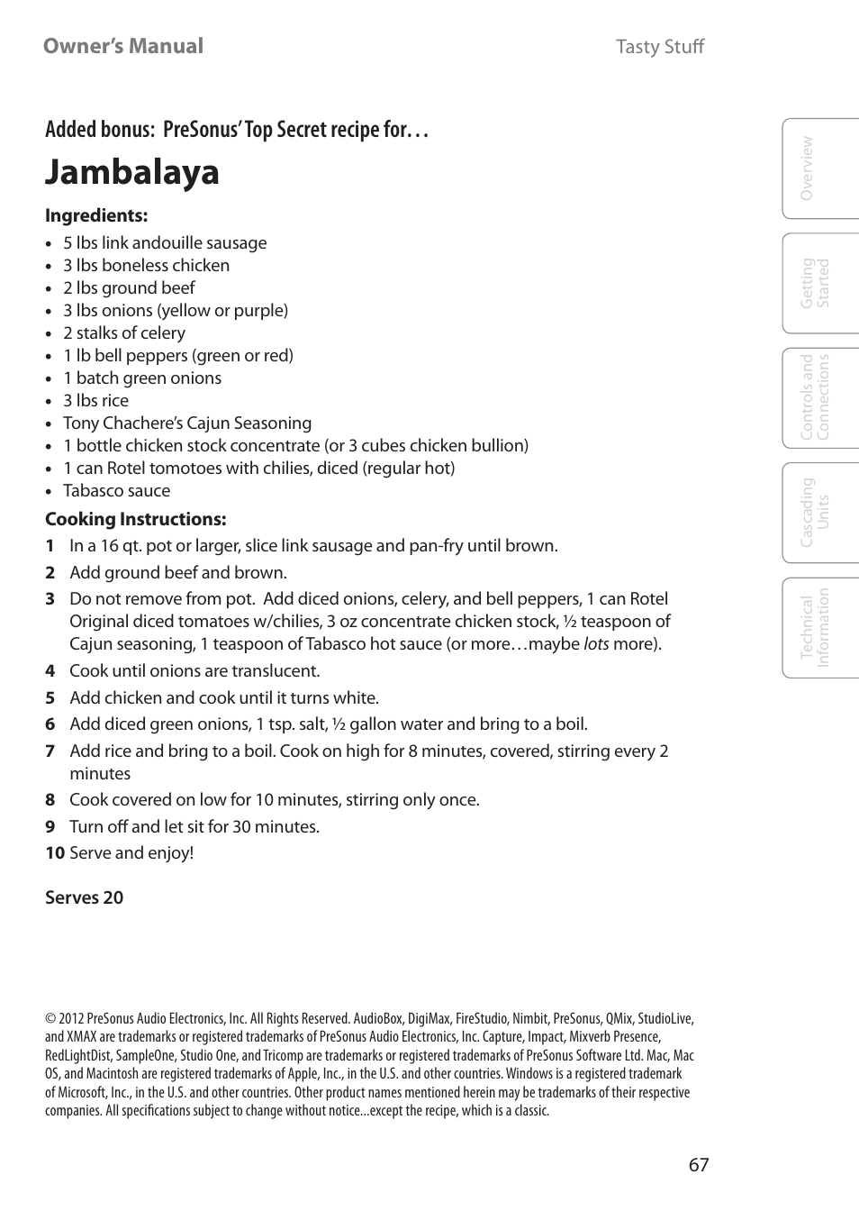 Jambalaya, Added bonus: presonus’ top secret recipe for, Owner’s manual | PreSonus FireStudio Mobile User Manual | Page 67 / 68