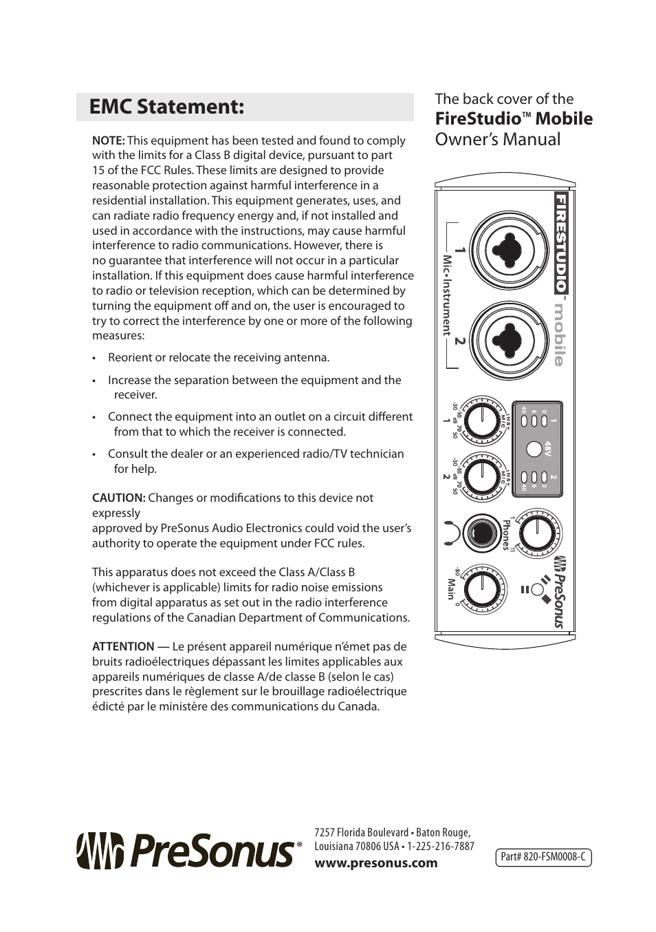 Emc statement, Firestudio ™ mobile owner’s manual | PreSonus FireStudio Mobile User Manual | Page 68 / 68