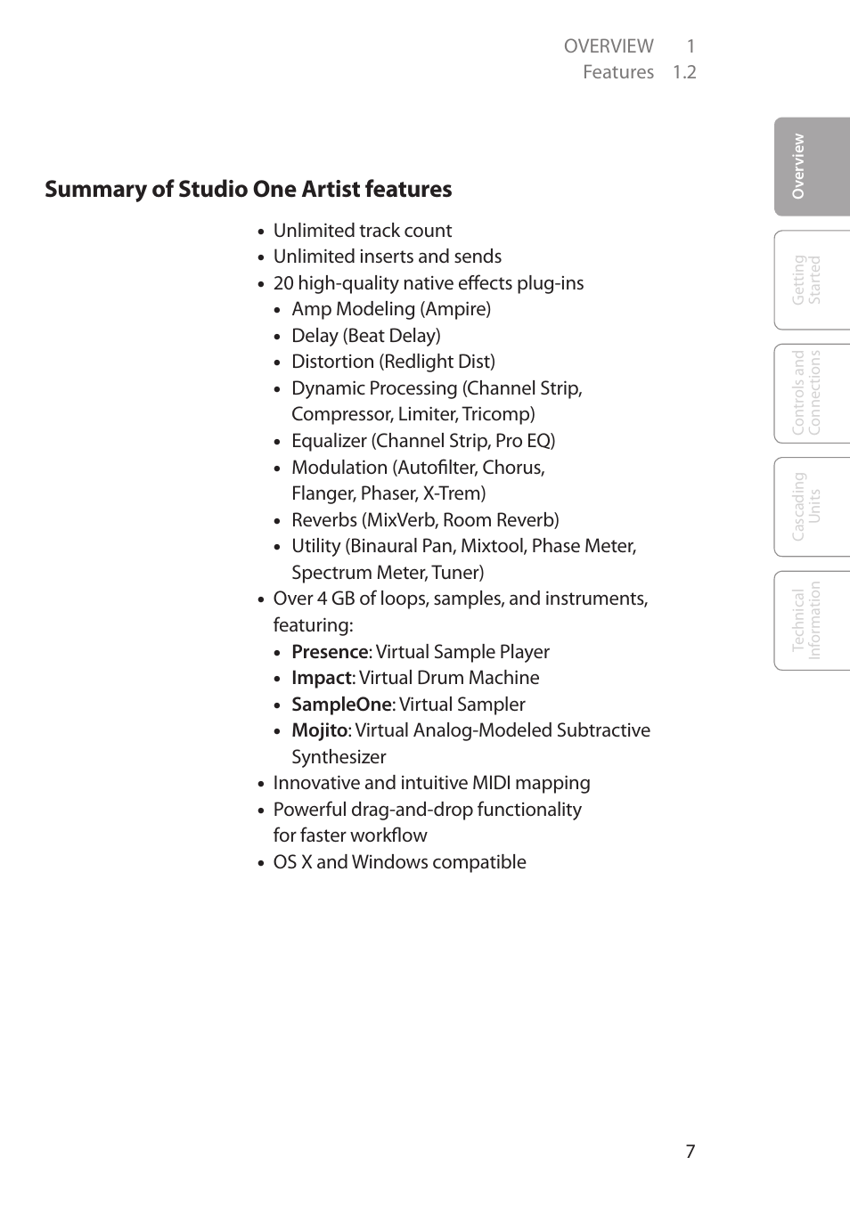 Summary of studio one artist features | PreSonus FireStudio Mobile User Manual | Page 7 / 68