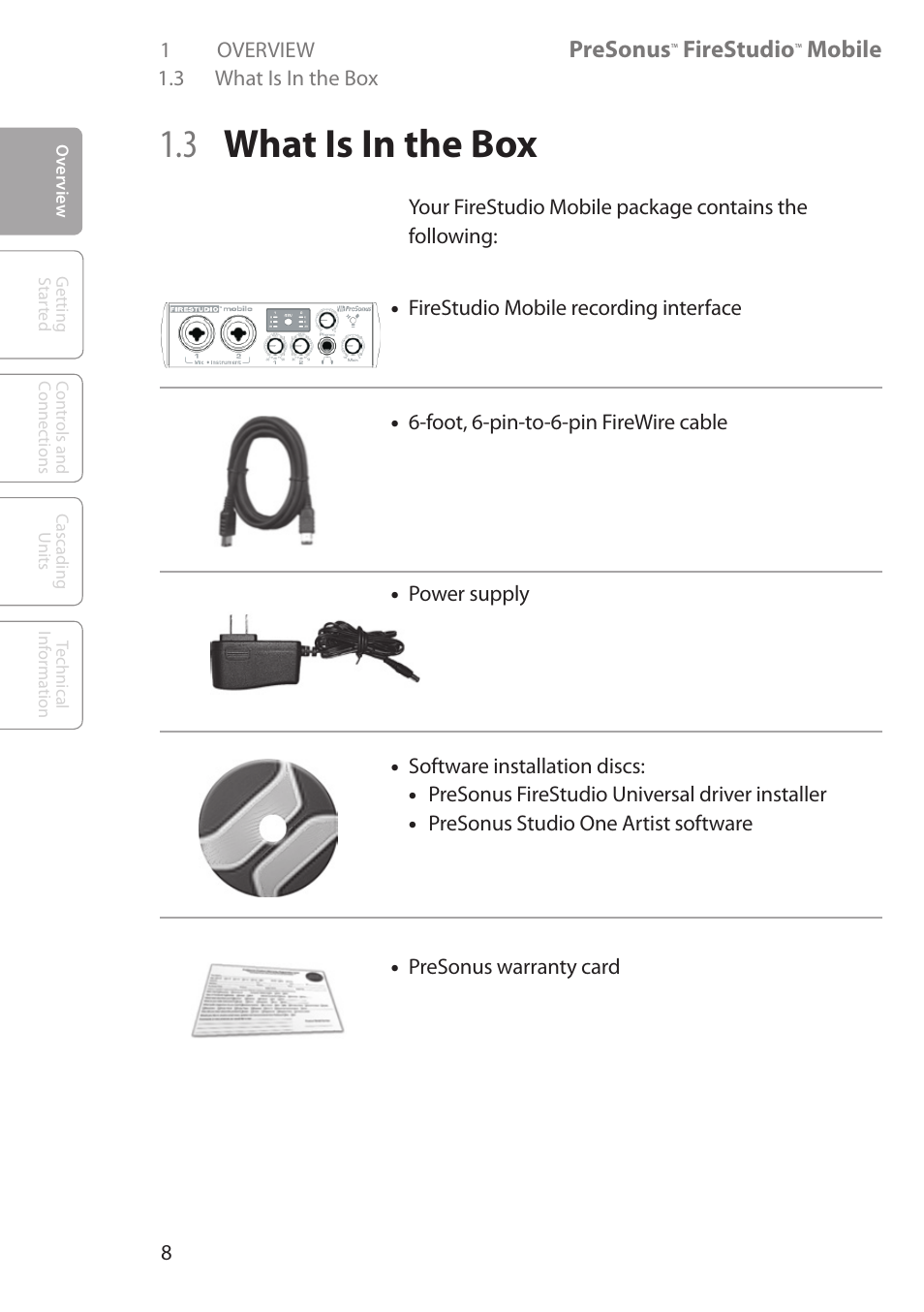 3 what is in the box, 3 what is in the box 8 | PreSonus FireStudio Mobile User Manual | Page 8 / 68