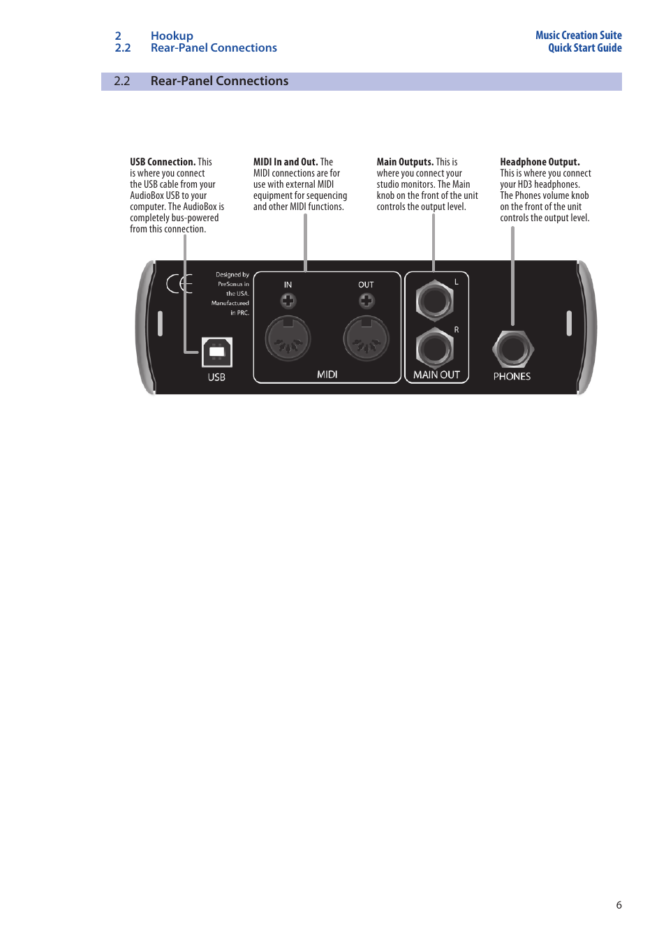 2 rear-panel connections, Rear-panel connections — 6 | PreSonus Music Creation Suite User Manual | Page 10 / 42