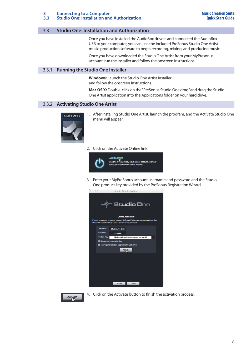 3 studio one: installation and authorization, 1 running the studio one installer, 2 activating studio one artist | Studio one: installation and authorization — 8, 1 running the studio one installer — 8, 2 activating studio one artist — 8 | PreSonus Music Creation Suite User Manual | Page 12 / 42