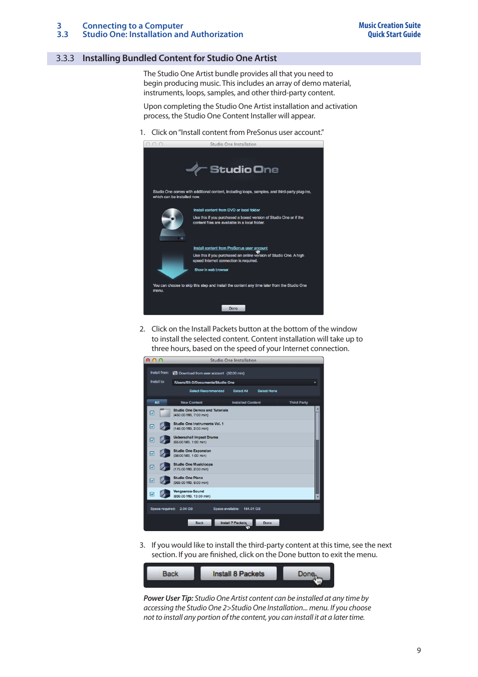 3 installing bundled content for studio one artist, 3 installing bundled content for studio one, Artist — 9 | PreSonus Music Creation Suite User Manual | Page 13 / 42