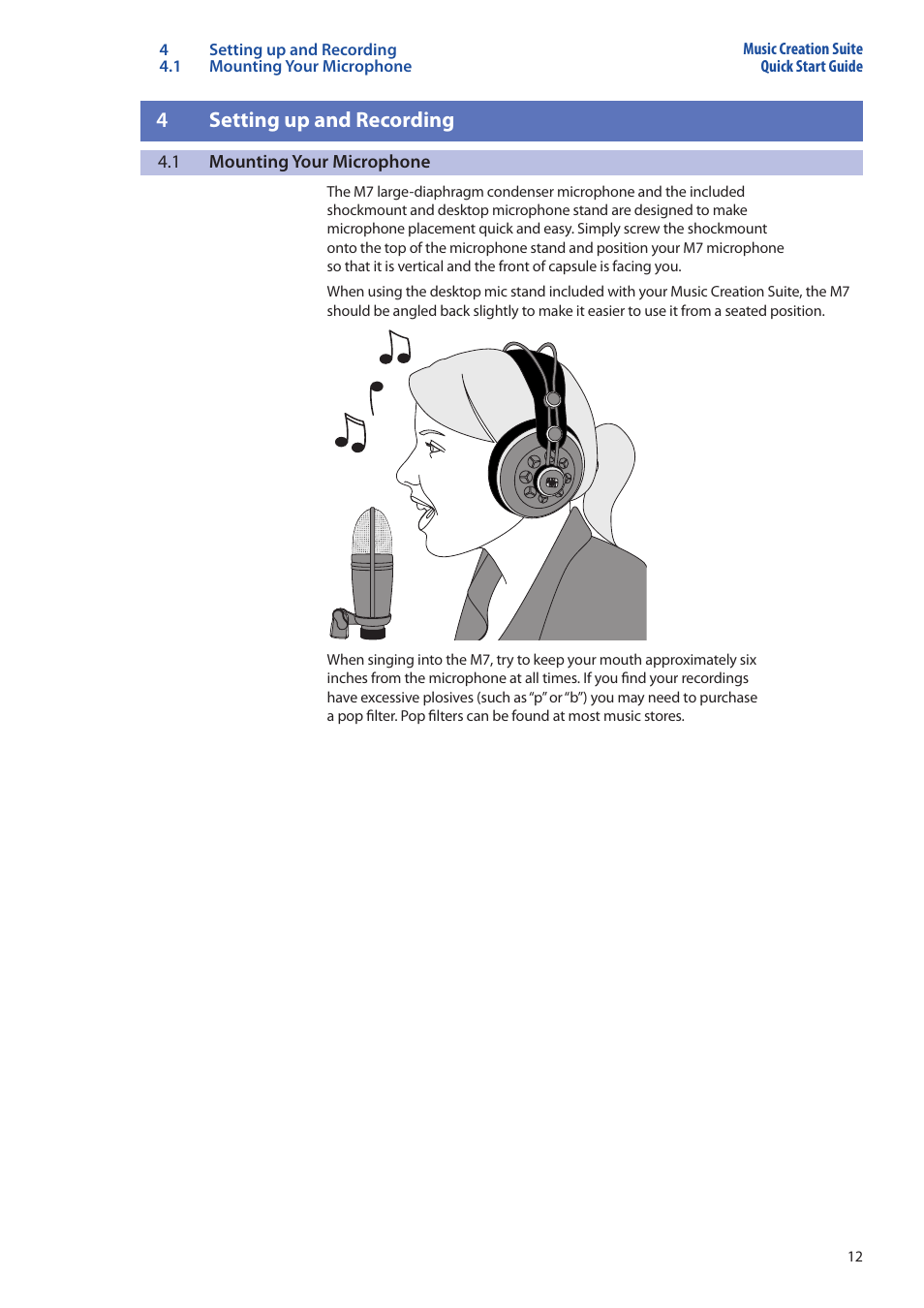 4 setting up and recording, 1 mounting your microphone, Setting up and recording — 12 | Mounting your microphone — 12, 4setting up and recording | PreSonus Music Creation Suite User Manual | Page 16 / 42