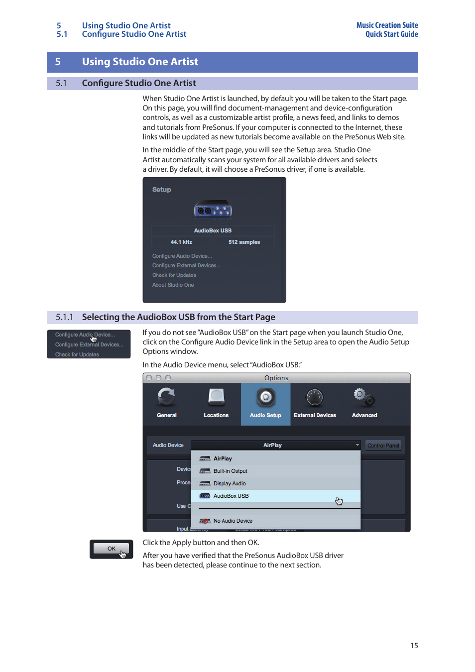 5 using studio one artist, 1 configure studio one artist, Using studio one artist — 15 | Configure studio one artist — 15, 1 selecting the audiobox usb from the start, 5using studio one artist | PreSonus Music Creation Suite User Manual | Page 19 / 42