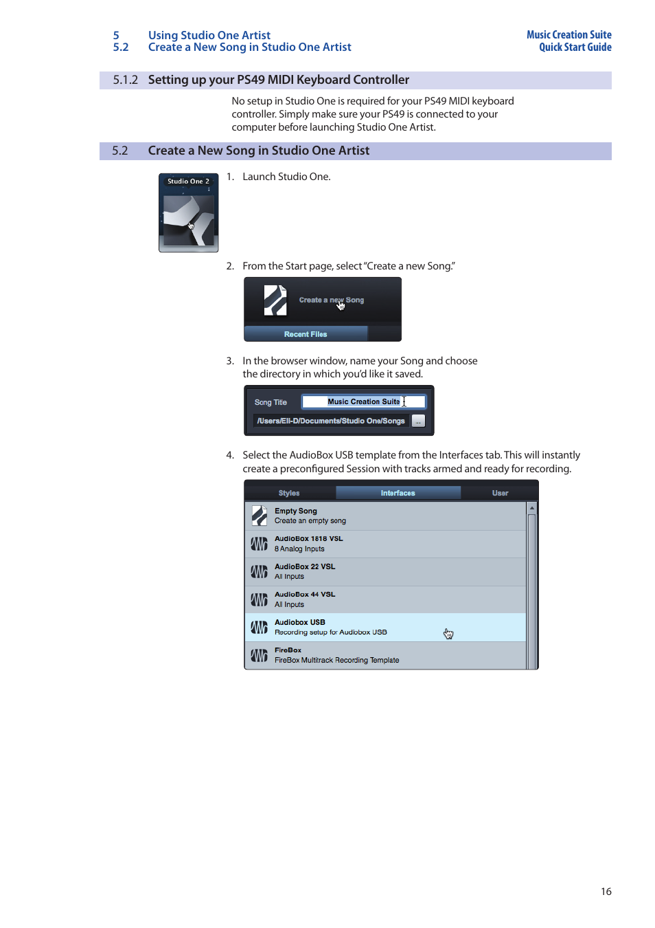 2 setting up your ps49 midi keyboard controller, 2 create a new song in studio one, 2 setting up your ps49 midi keyboard | Controller — 16, Create a new song in studio one — 16 | PreSonus Music Creation Suite User Manual | Page 20 / 42