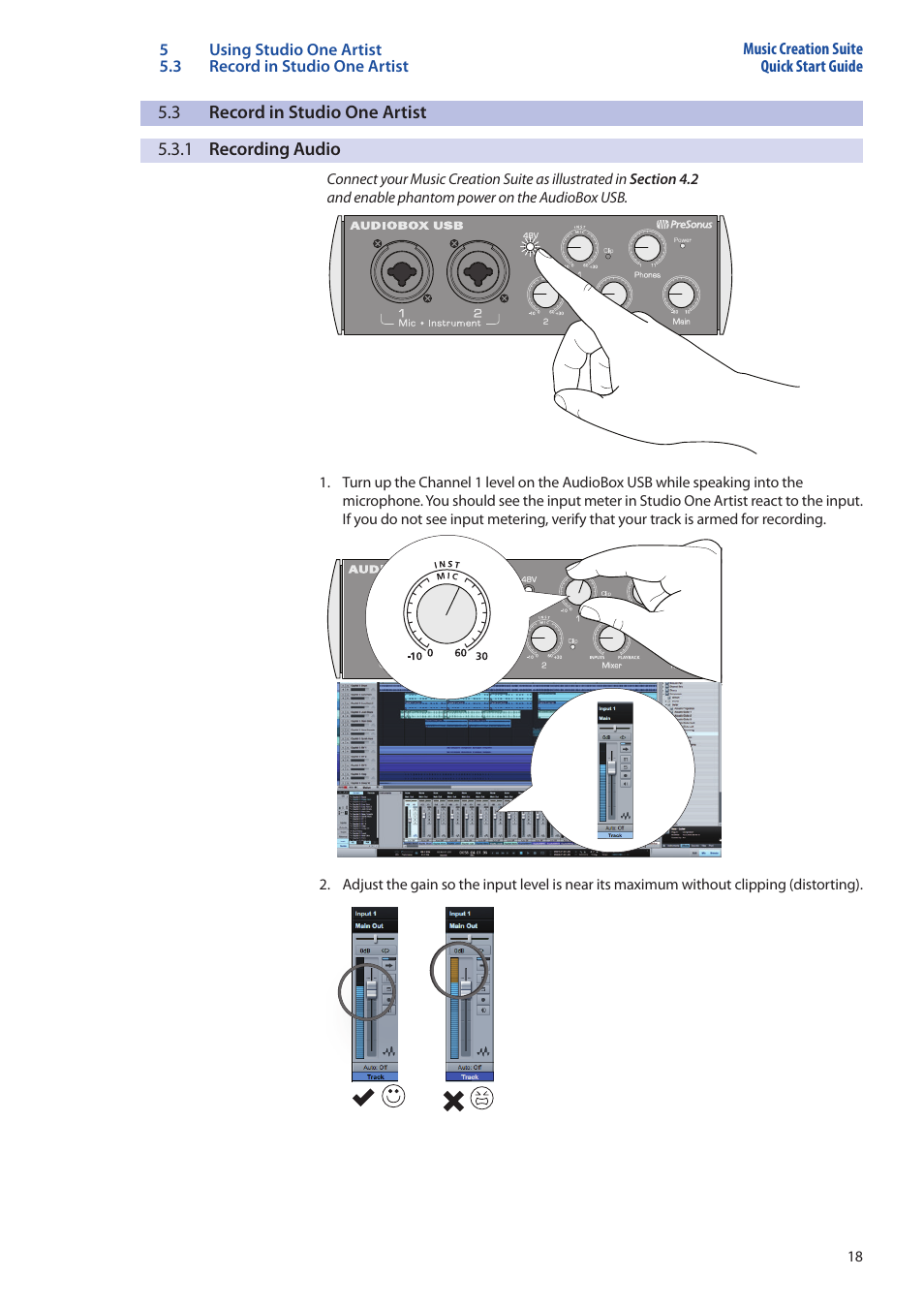 3 record in studio one artist, 1 recording audio, Record in studio one artist — 18 | 1 recording audio — 18 | PreSonus Music Creation Suite User Manual | Page 22 / 42