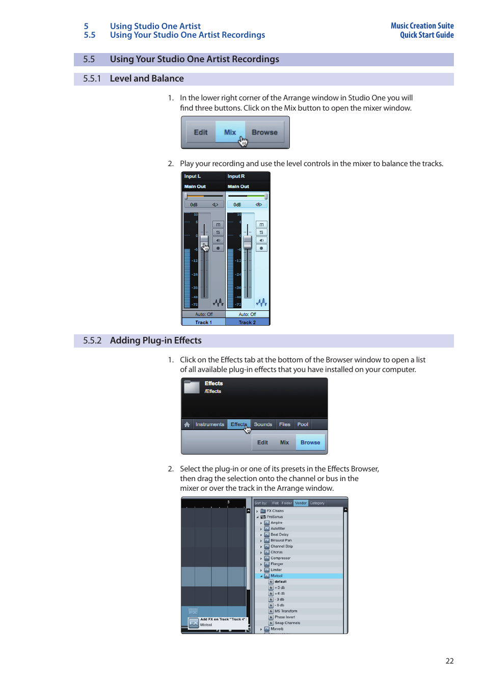 5 using your studio one recordings, 1 level and balance, 2 adding plug-in effects | Using your studio one recordings — 22, 1 level and balance — 22, 2 adding plug-in effects — 22 | PreSonus Music Creation Suite User Manual | Page 26 / 42