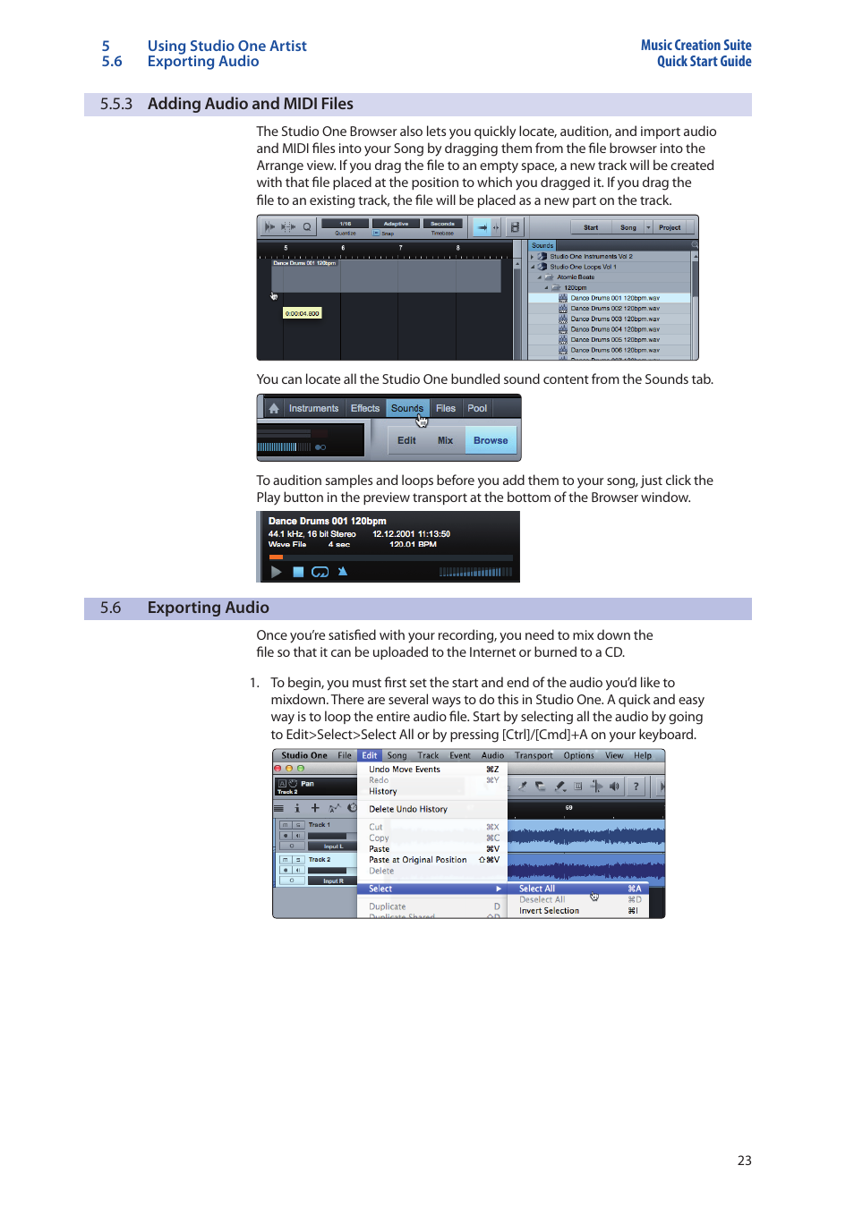 3 adding audio and midi files, 6 exporting audio, 3 adding audio and midi files — 23 | Exporting audio — 23 | PreSonus Music Creation Suite User Manual | Page 27 / 42