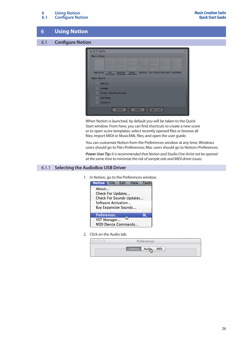 6 using notion, 1 configure notion, 1 selecting the audiobox usb driver | Using notion — 26, Configure notion — 26, 1 selecting the audiobox usb driver — 26, 6using notion | PreSonus Music Creation Suite User Manual | Page 30 / 42