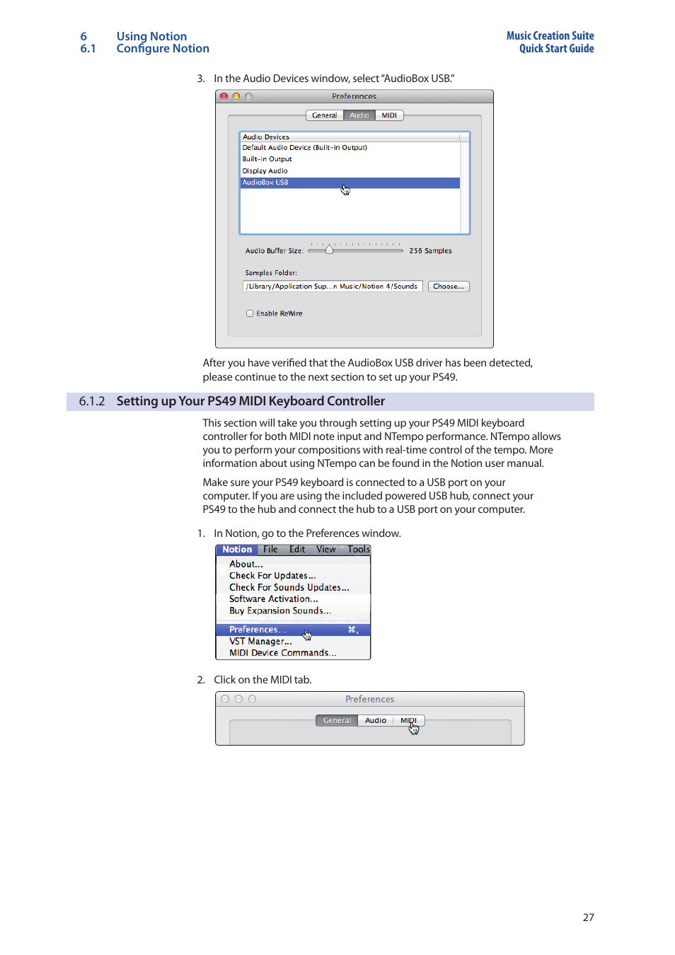 2 setting up your ps49 midi keyboard controller, 2 setting up your ps49 midi keyboard, Controller — 27 | PreSonus Music Creation Suite User Manual | Page 31 / 42