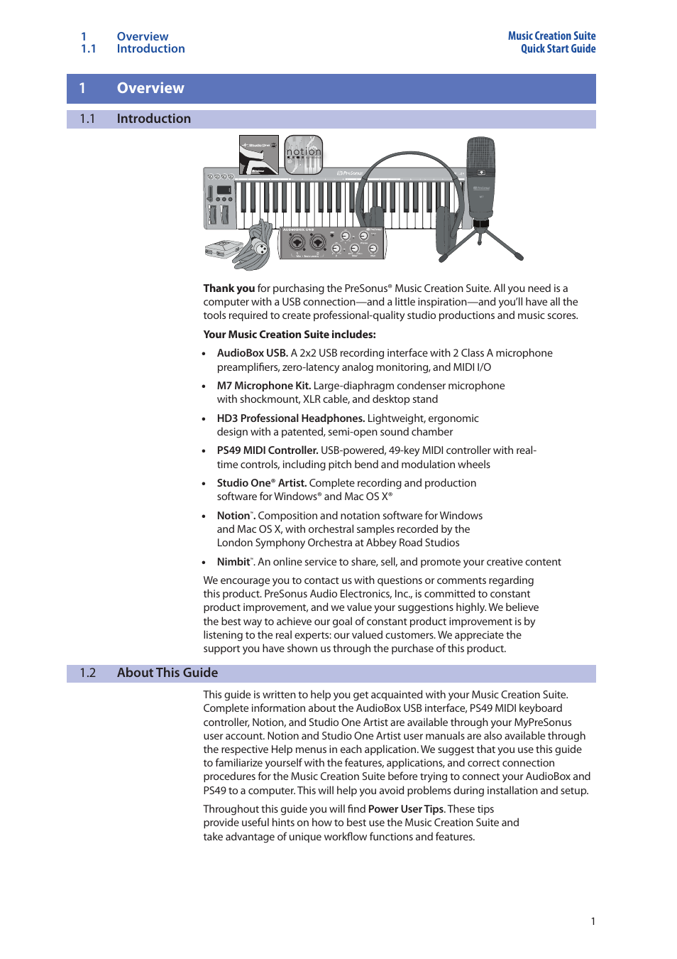 1 overview, 1 introduction, 2 about this guide | 1 overview — 1, Introduction — 1, About this guide — 1 | PreSonus Music Creation Suite User Manual | Page 5 / 42