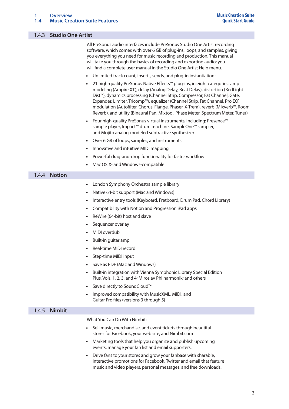 3 studio one artist, 4 notion, 5 nimbit | 3 studio one artist — 3, 4 notion — 3, 5 nimbit — 3 | PreSonus Music Creation Suite User Manual | Page 7 / 42