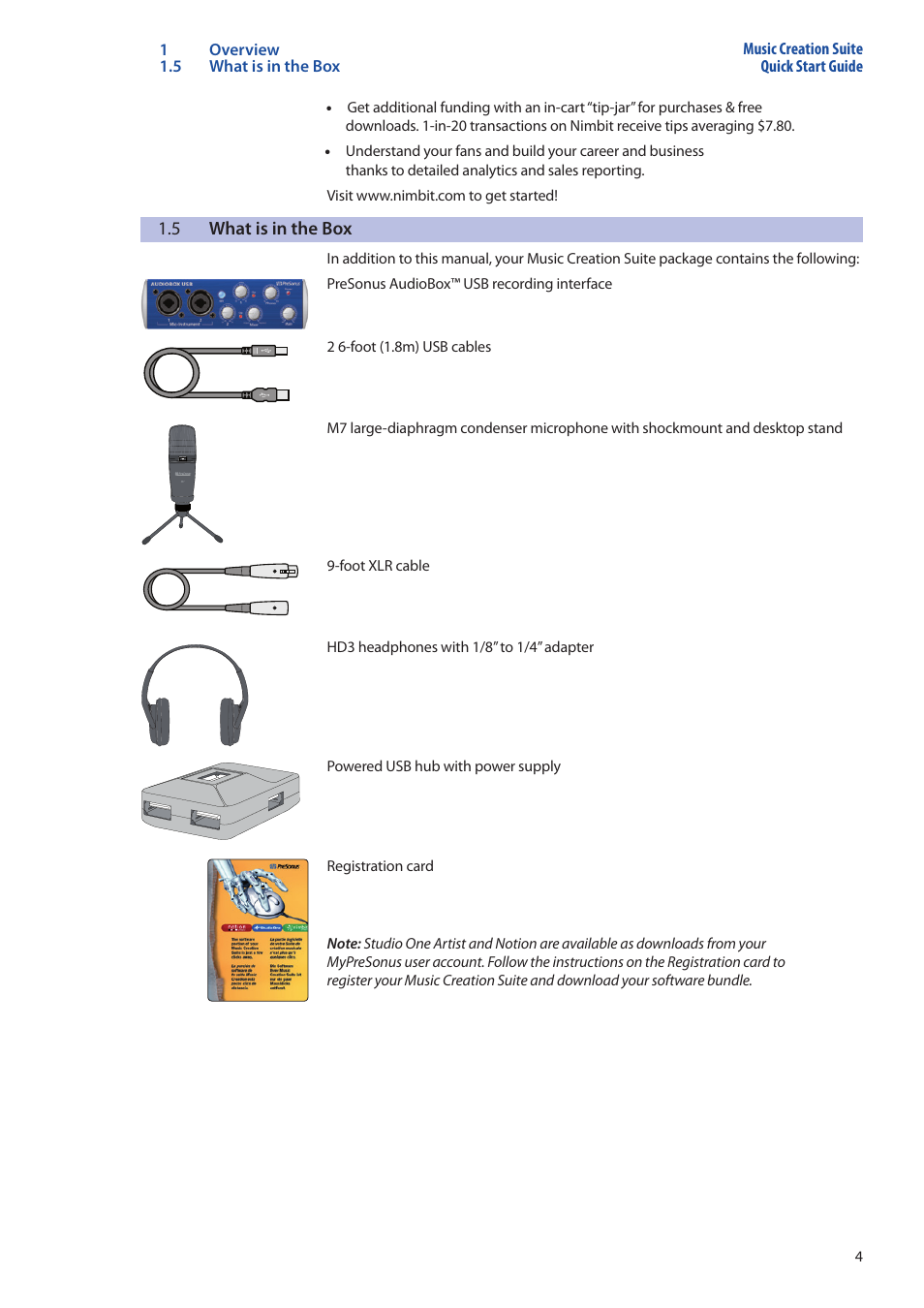 5 what is in the box, What is in the box — 4 | PreSonus Music Creation Suite User Manual | Page 8 / 42